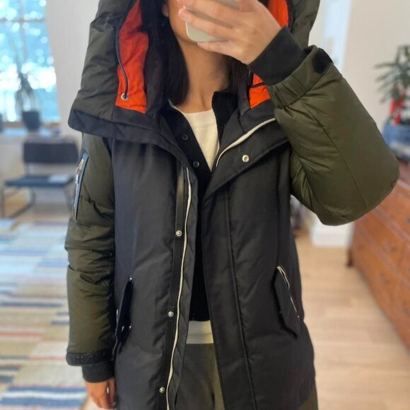 Mackage Down Puffer Coat (Black & Olive with Orange Hood Lining) - Picture 4 of 8